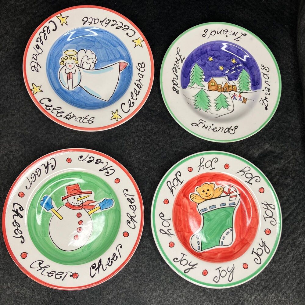Eddie Bauer Hand Painted Christmas Luncheon Plate 4 Piece Set China 8.25"